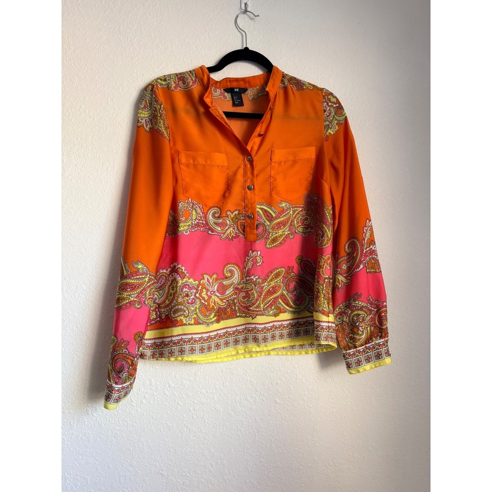 H &‎ M Paisley Border Print Blouse Orange Pink Long Sleeve Band Collar Top 6